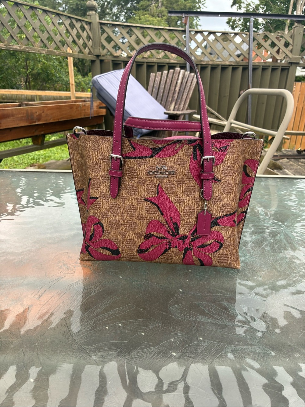 Coach Brown Signature Tote with Pink Ribbon Print